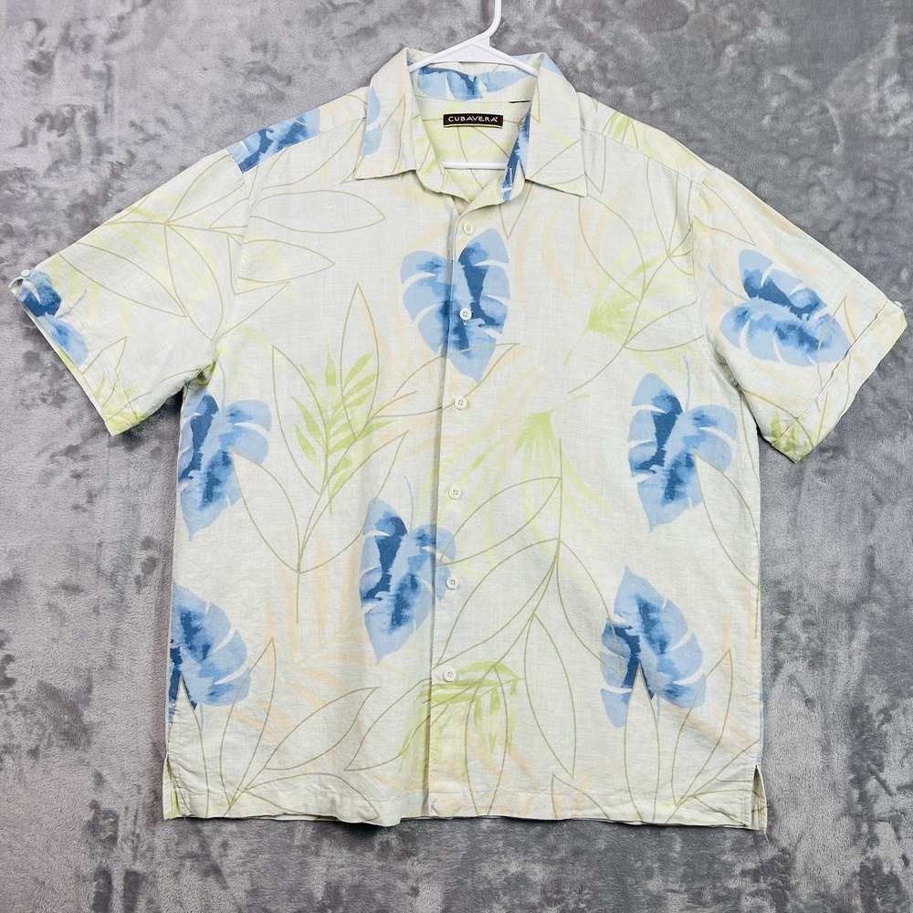 Cubavera Hawaiian Mens Shirt Green Blue Xlarge Neutral Button Up Short Sleeve